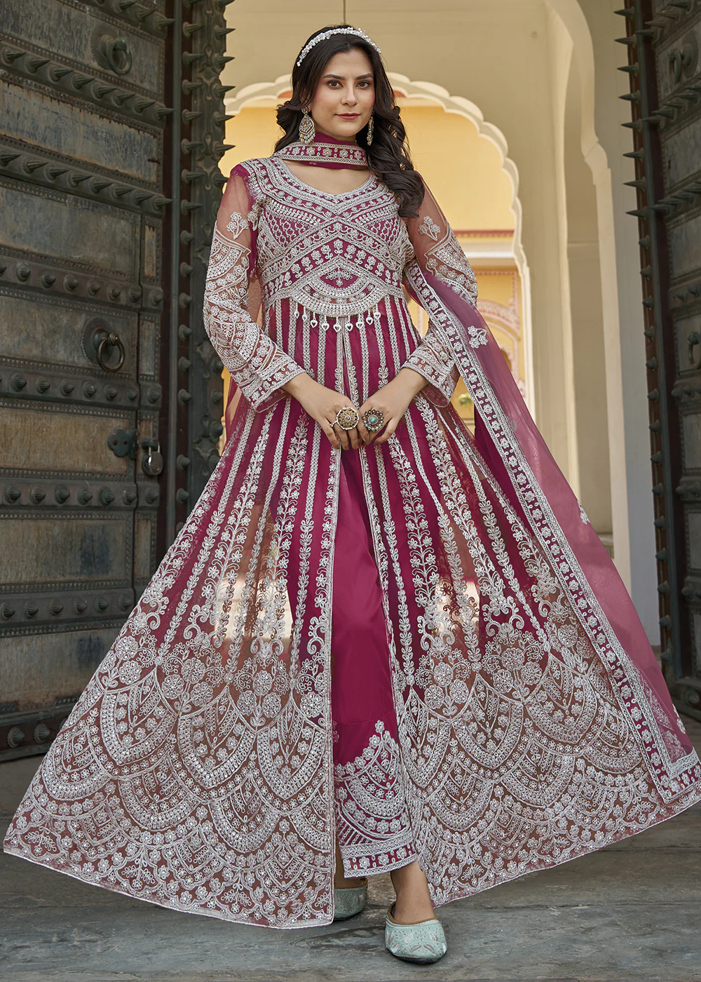 Rani Pink Slit Style Skirt & Pant Style Anarkali Suit