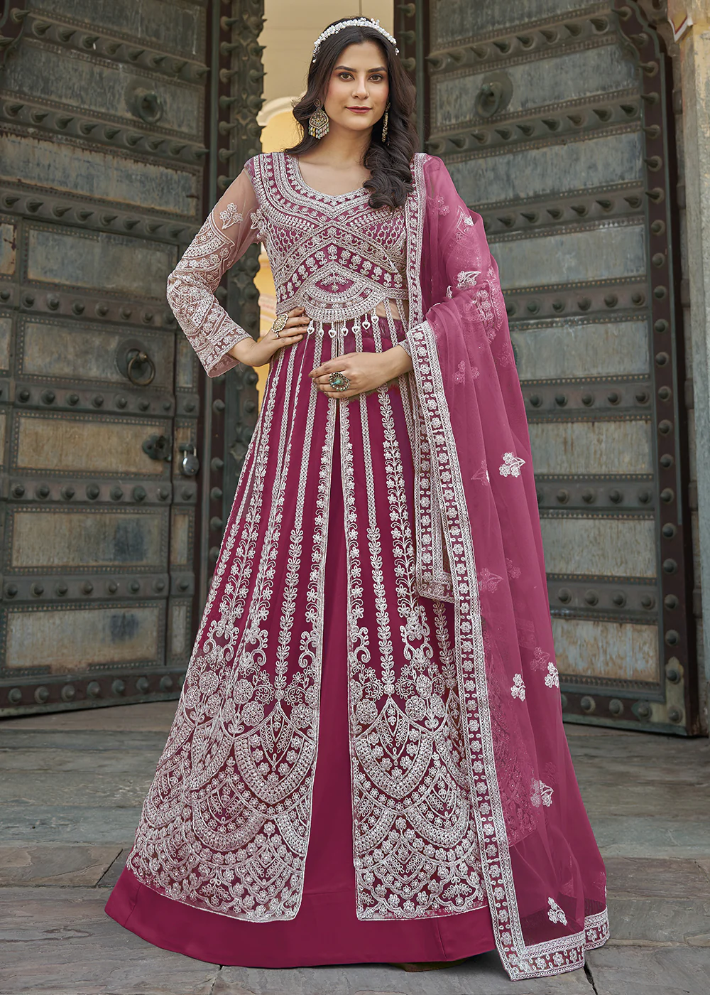 Rani Pink Slit Style Skirt & Pant Style Anarkali Suit - Image 4