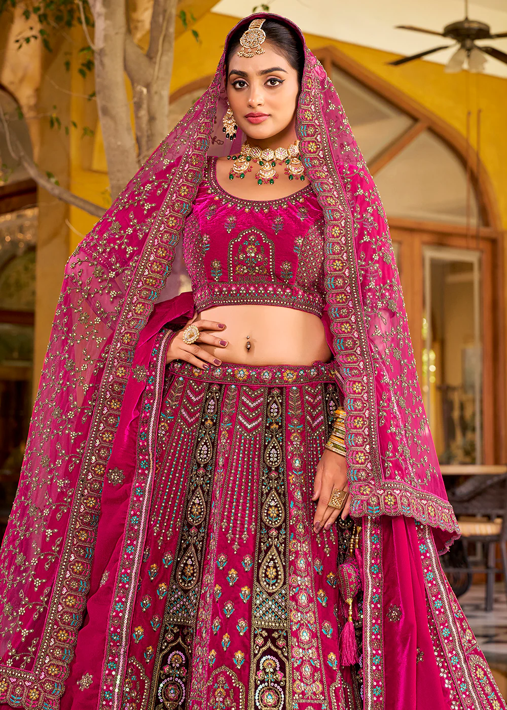 Rani Pink Traditional Bridal Style Embroidered Lehenga Choli - Image 2