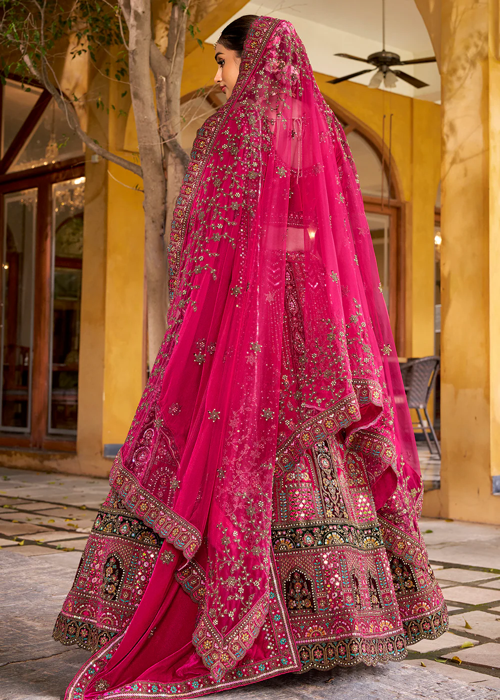 Rani Pink Traditional Bridal Style Embroidered Lehenga Choli - Image 3