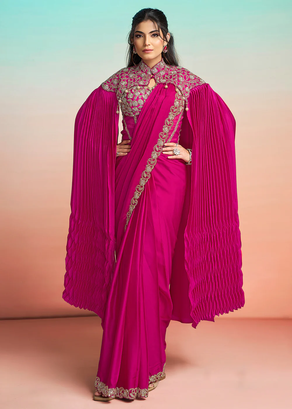 Rani Pink Wedding Party Ready to Wear Saree