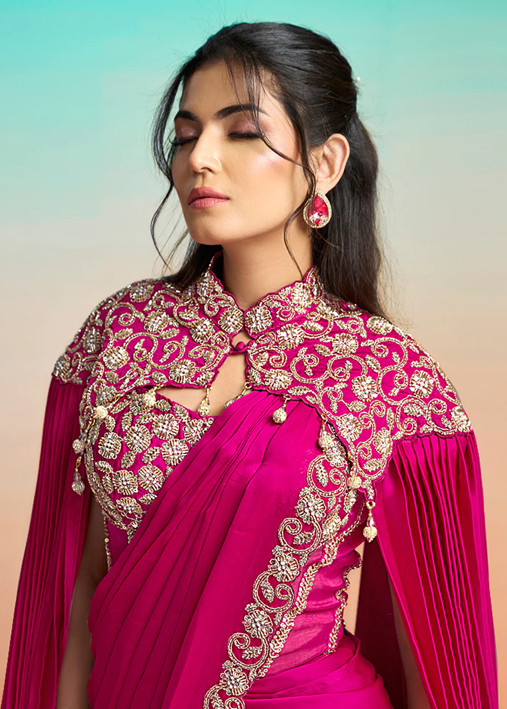 Rani Pink Wedding Party Ready to Wear Saree - Image 2