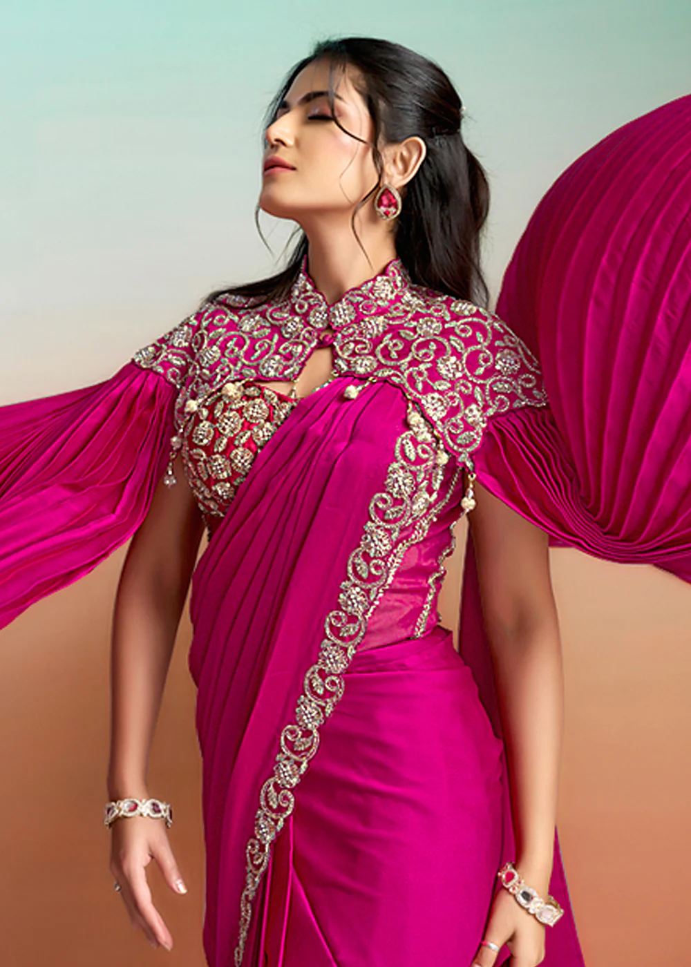 Rani Pink Wedding Party Ready to Wear Saree - Image 6