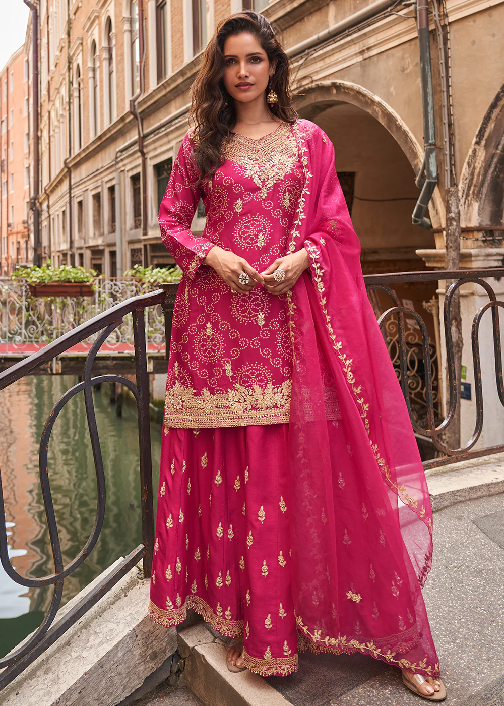 Rani Pink Zari Threads Palazzo Style Suit