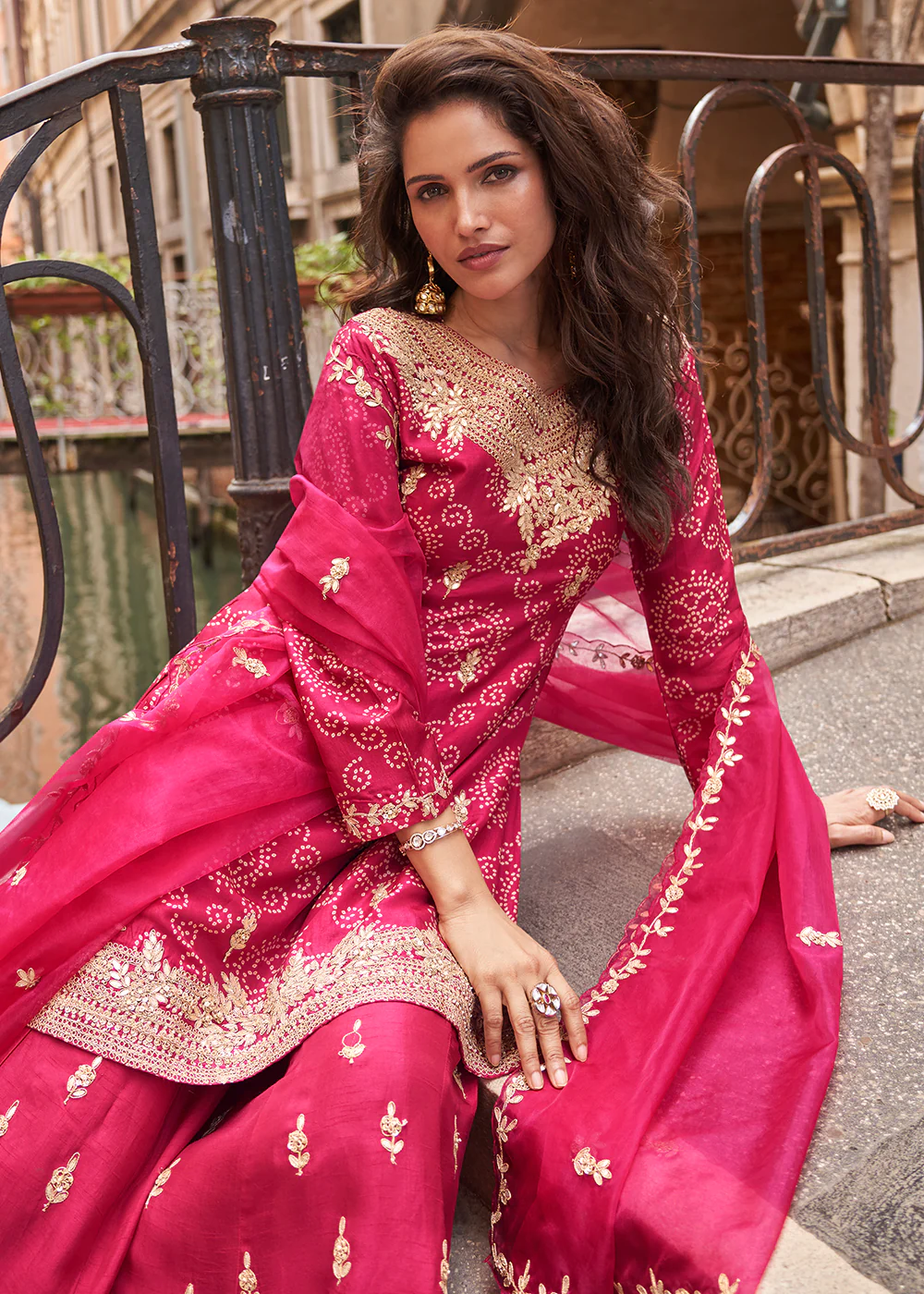 Rani Pink Zari Threads Palazzo Style Suit - Image 4