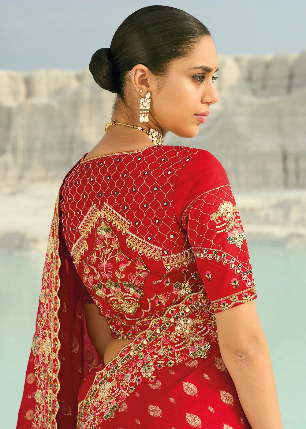 Rani Red Dola Viscose Traditional Embroidered Saree - Image 3