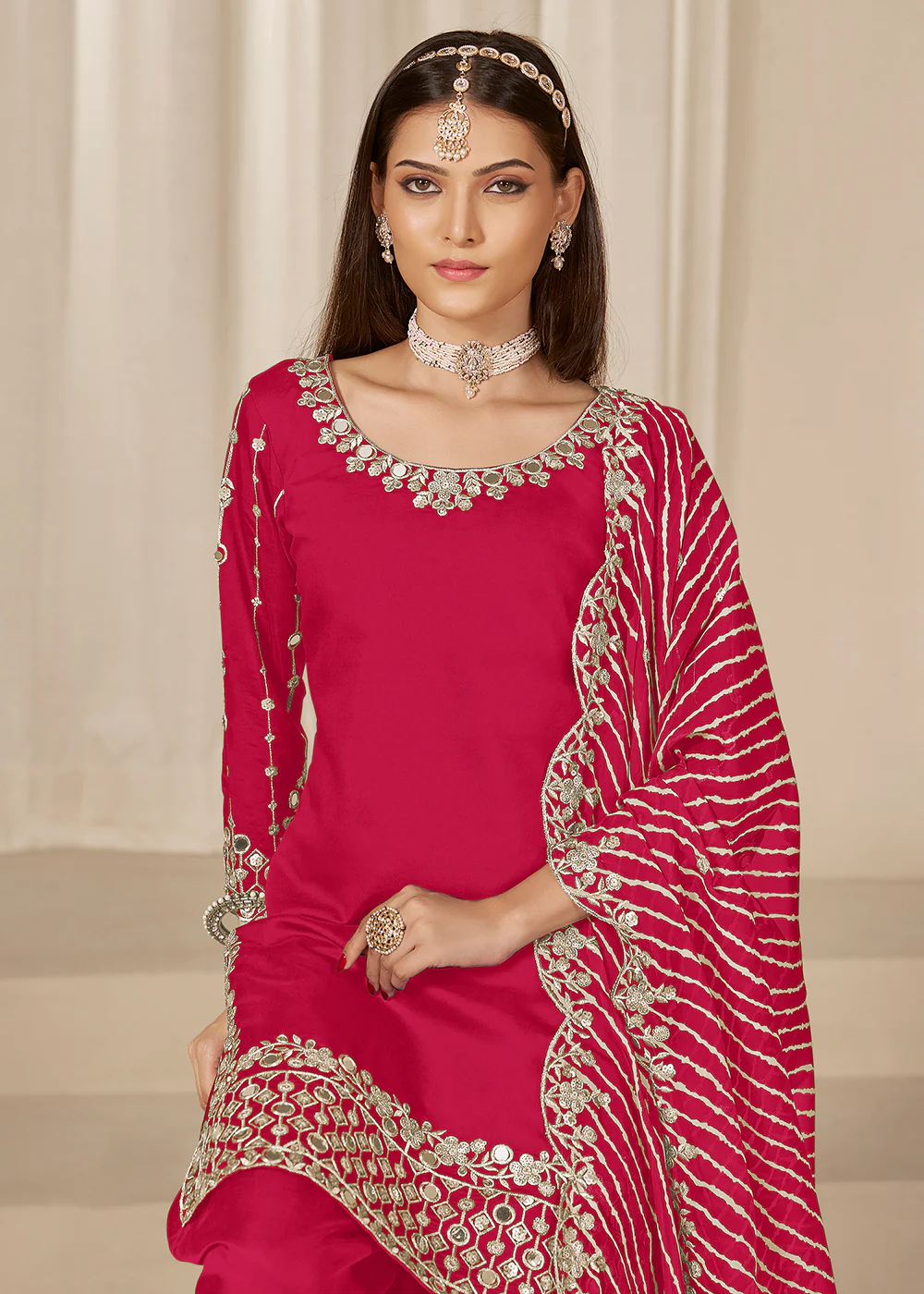 Rani Silk Embroidered Patiala Punjabi Style Suit - Image 2