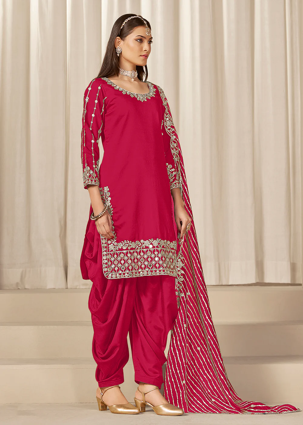Rani Silk Embroidered Patiala Punjabi Style Suit - Image 3