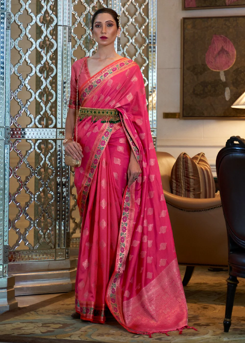 Raspberry Pink Banarasi Silk Authentic Indian Saree