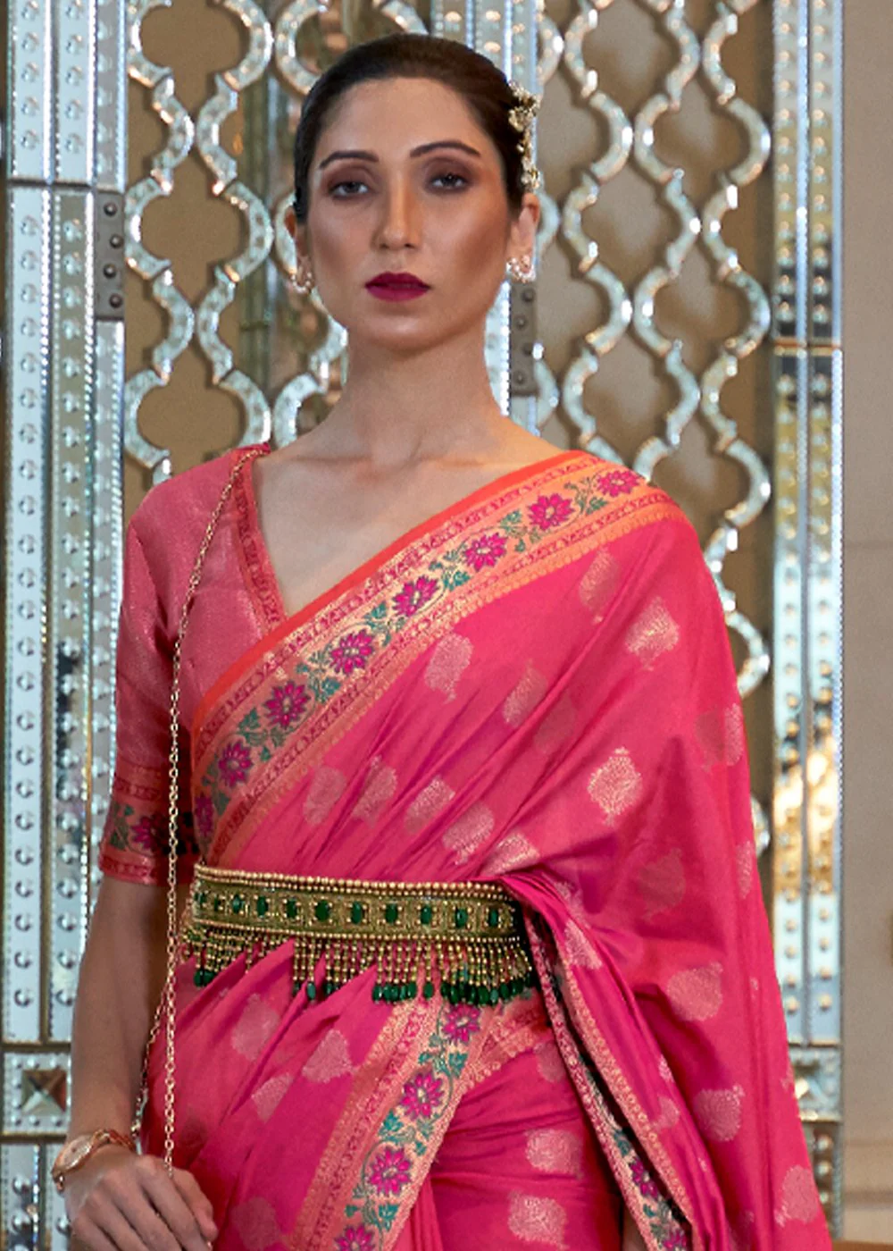 Raspberry Pink Banarasi Silk Authentic Indian Saree - Image 2