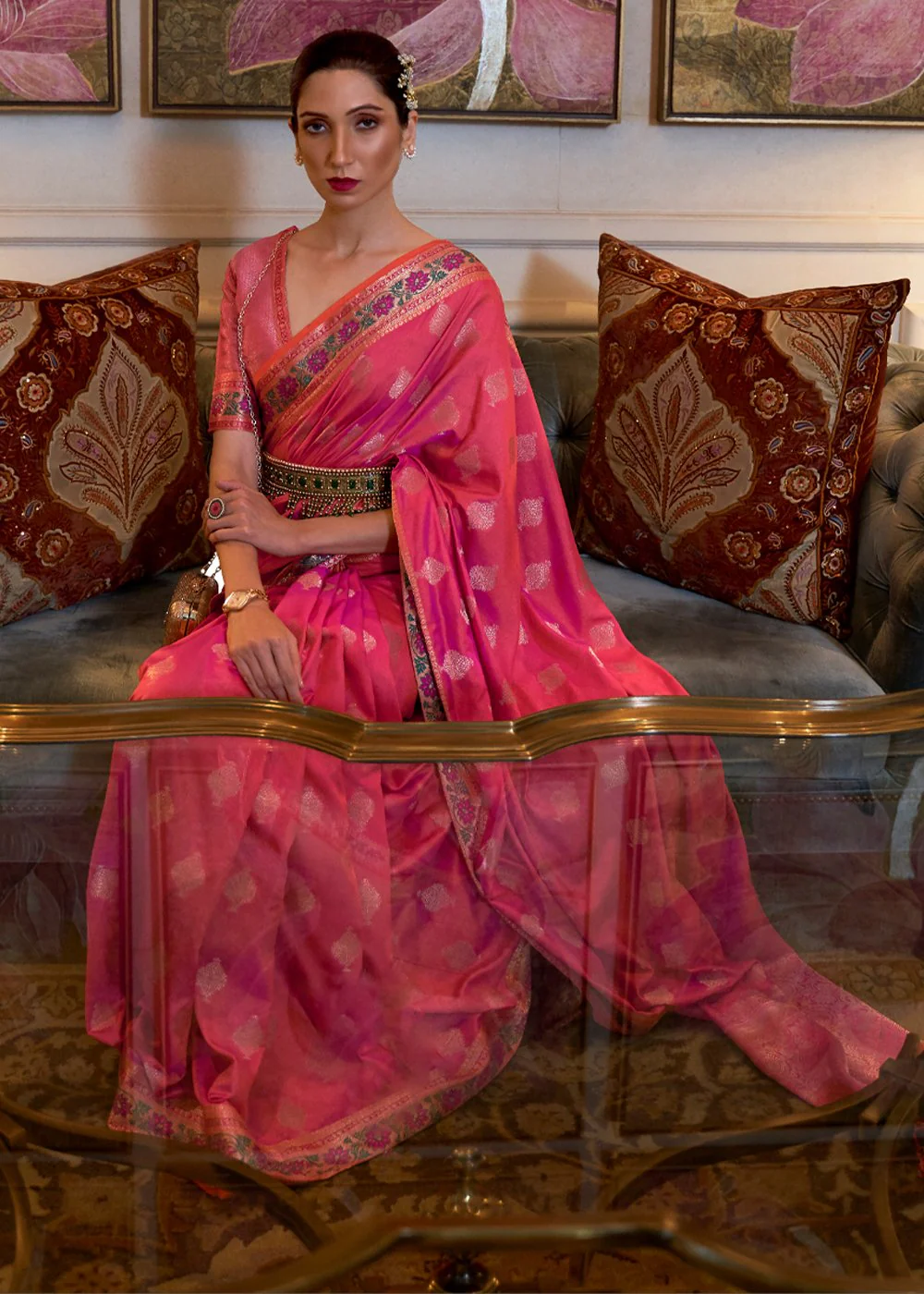 Raspberry Pink Banarasi Silk Authentic Indian Saree - Image 3