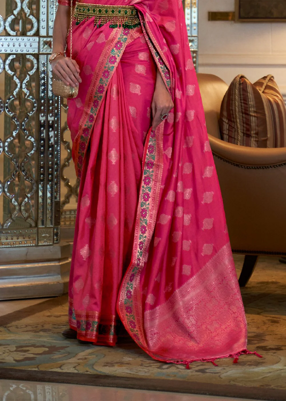 Raspberry Pink Banarasi Silk Authentic Indian Saree - Image 4
