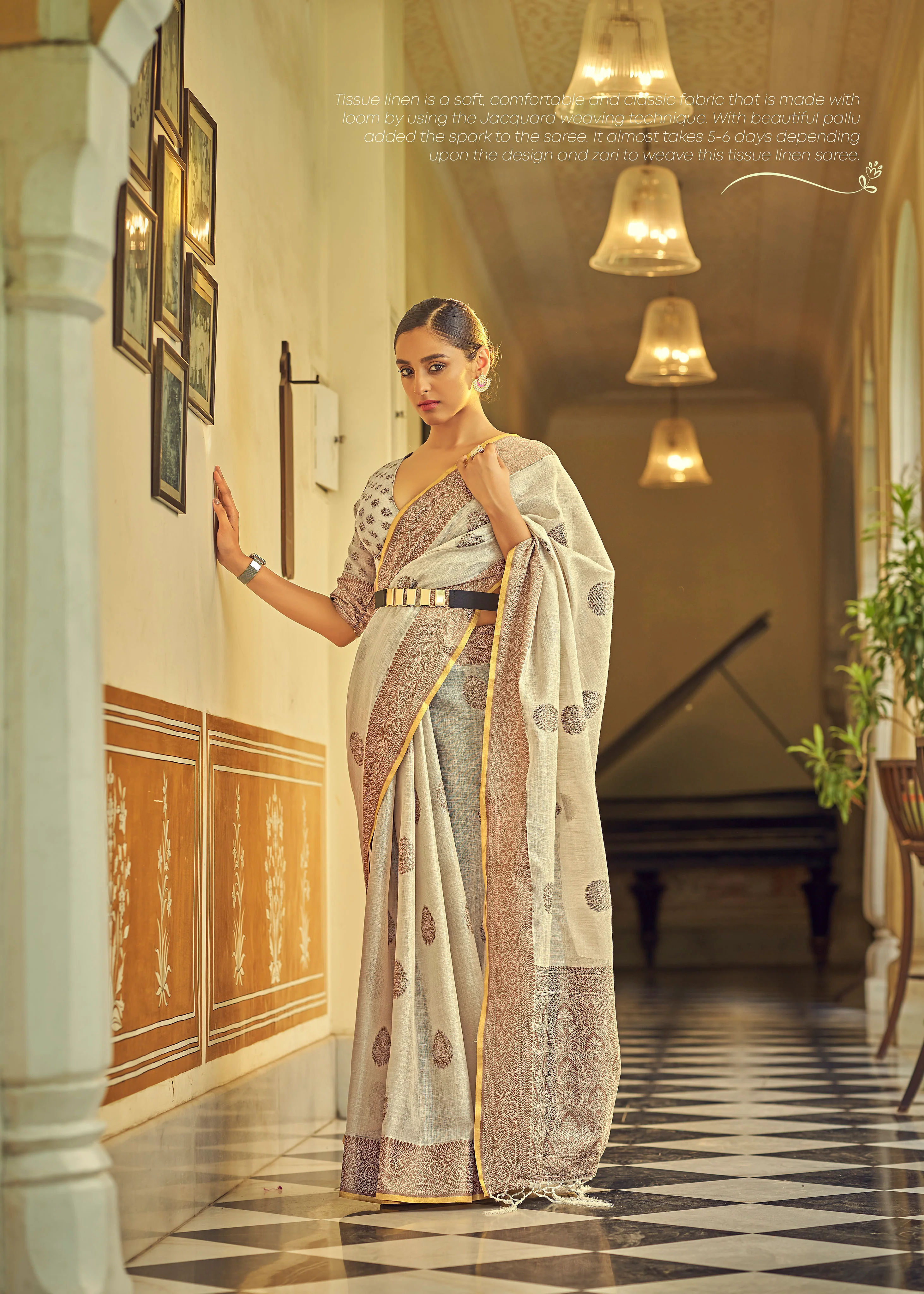 Ravishing Beige Soft Linen Weaving Saree with Belt - Image 4