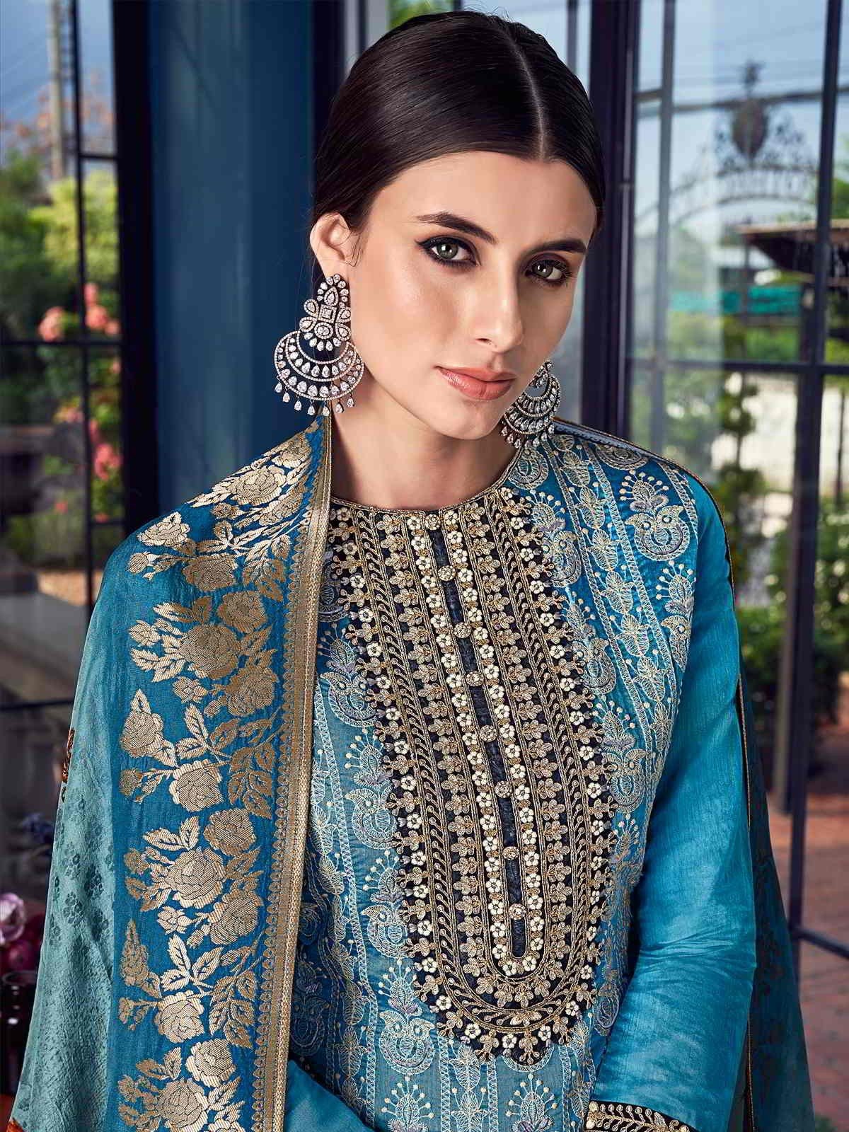 Ravishing Blue Lucknowi Embroidered Pakistani Style Pant Suit - Image 2