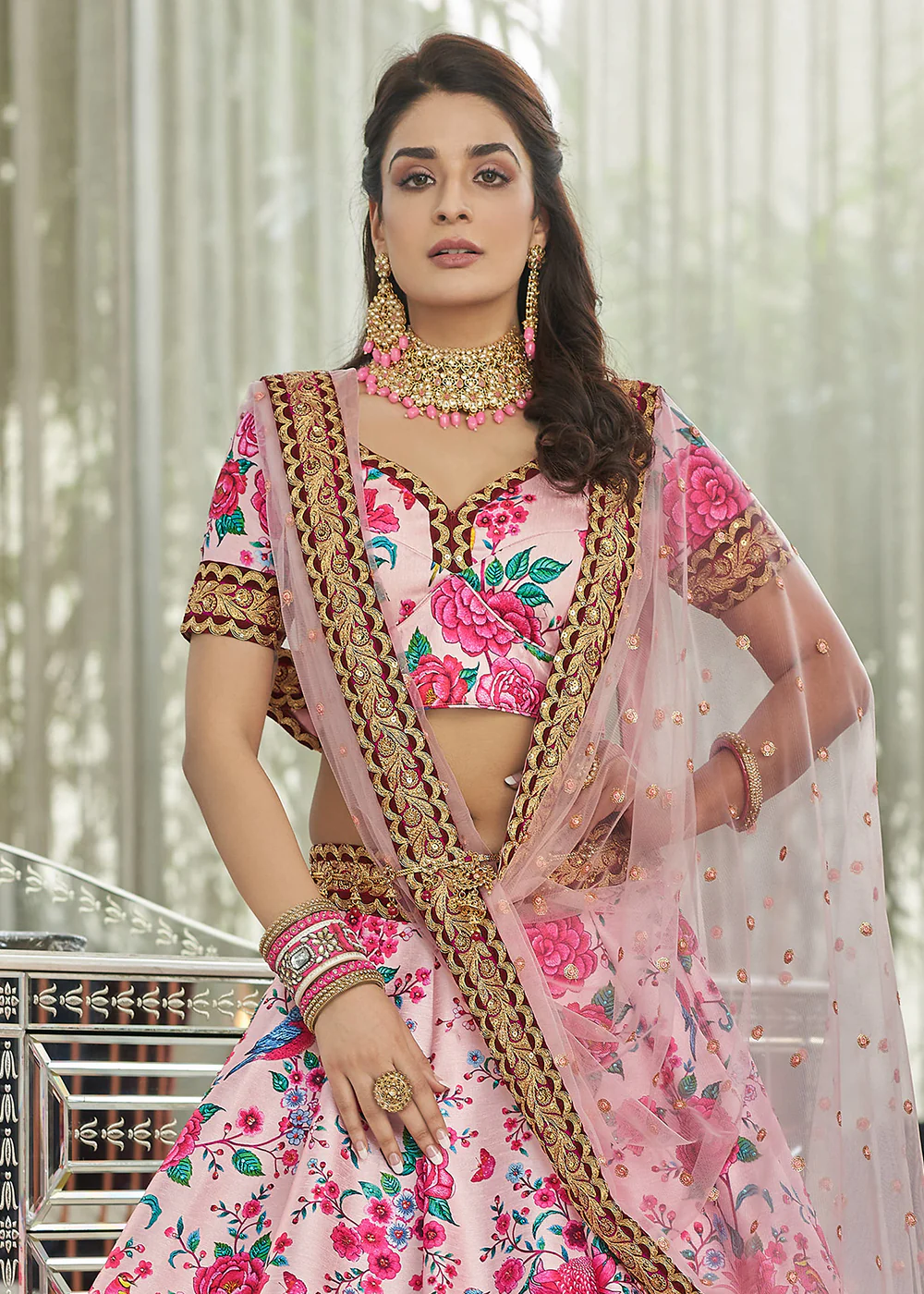 Ravishing Light Pink Art Silk Floral Printed Lehenga Choli - Image 4