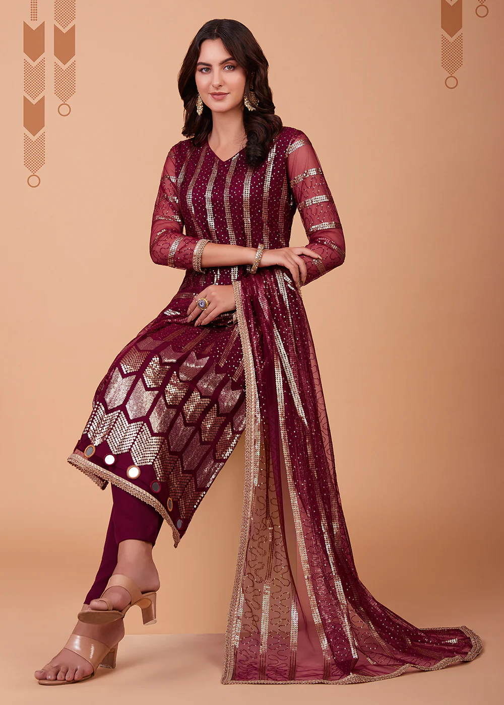 Ravishing Wine Tone to Tone Thread Net Salwar Kameez - Image 4
