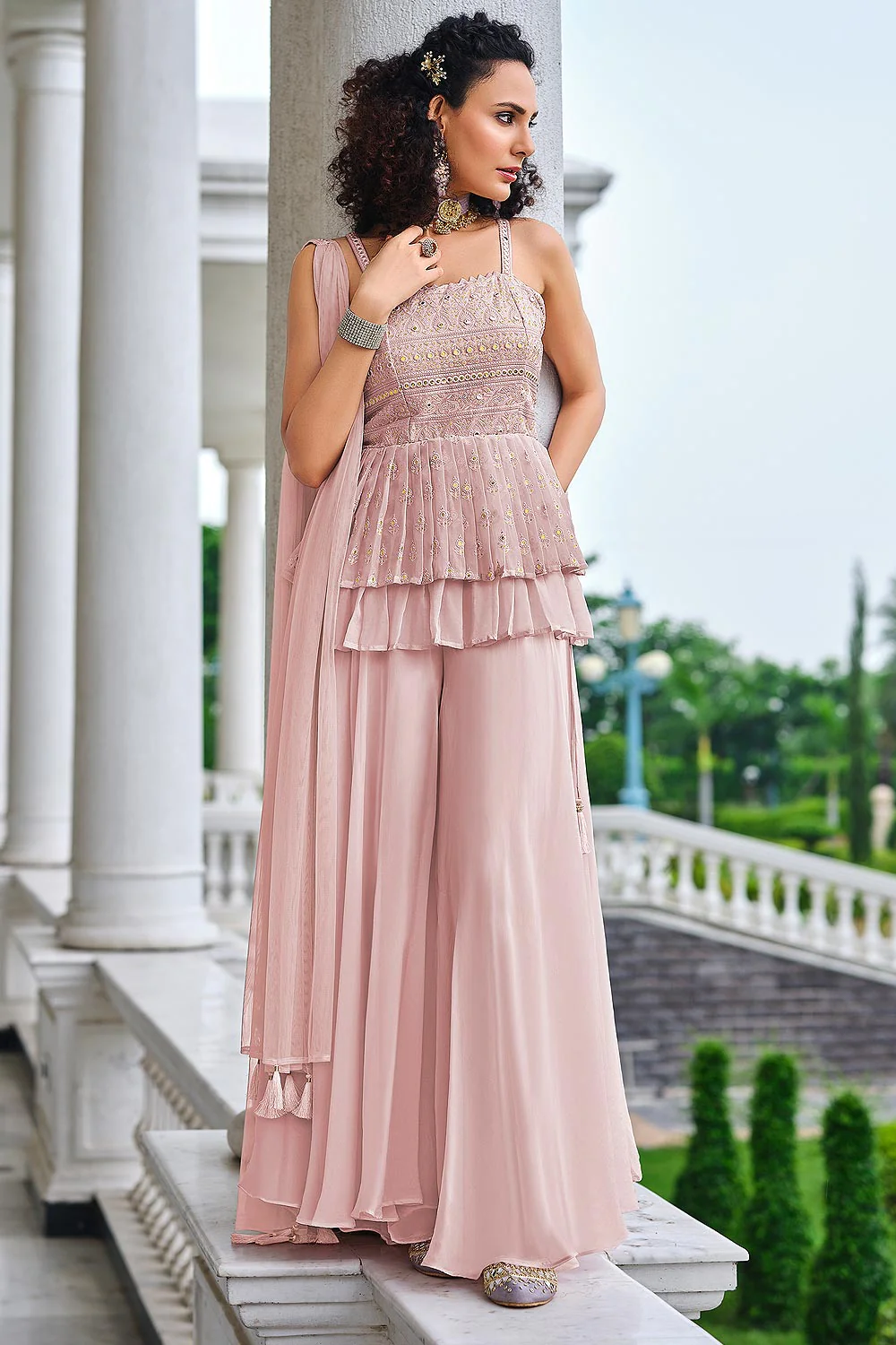 Ready to Wear Light Pink Indo-Western Palazzo Suit - Image 3