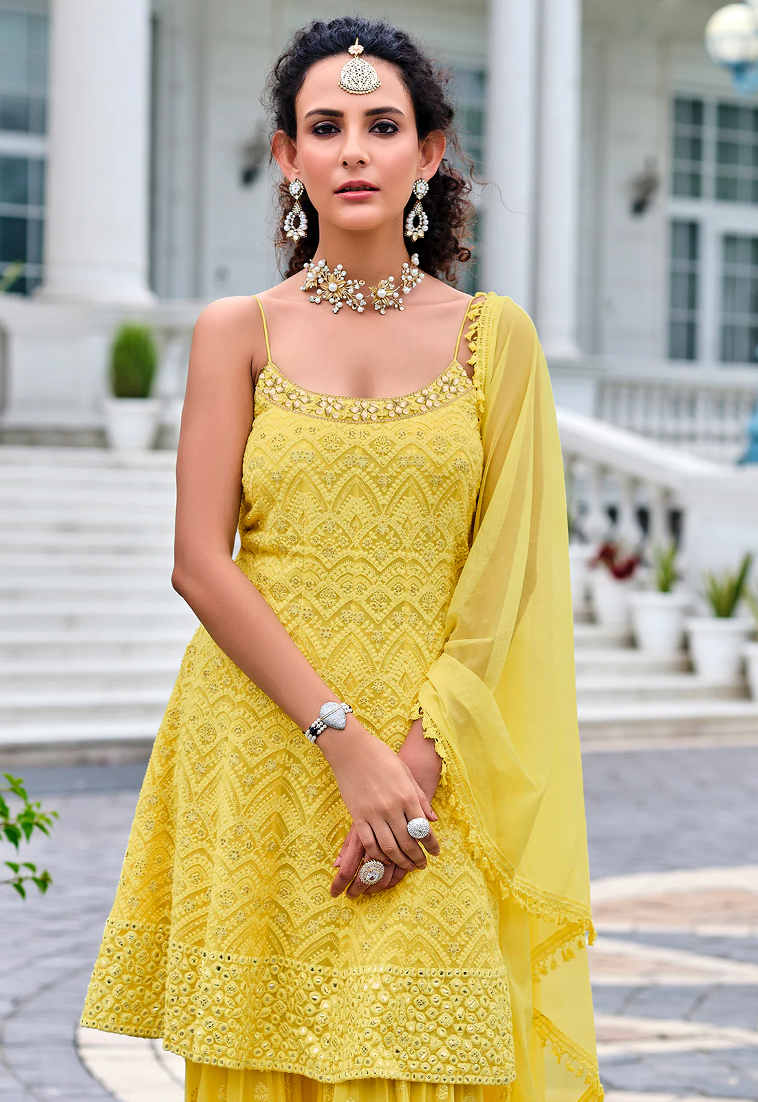 Readymade Bright Yellow Embroidered Viscose Georgette Suit - Image 2
