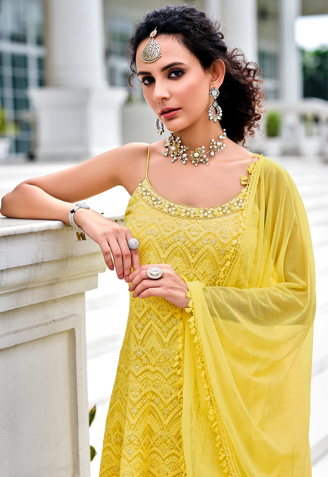 Readymade Bright Yellow Embroidered Viscose Georgette Suit - Image 3