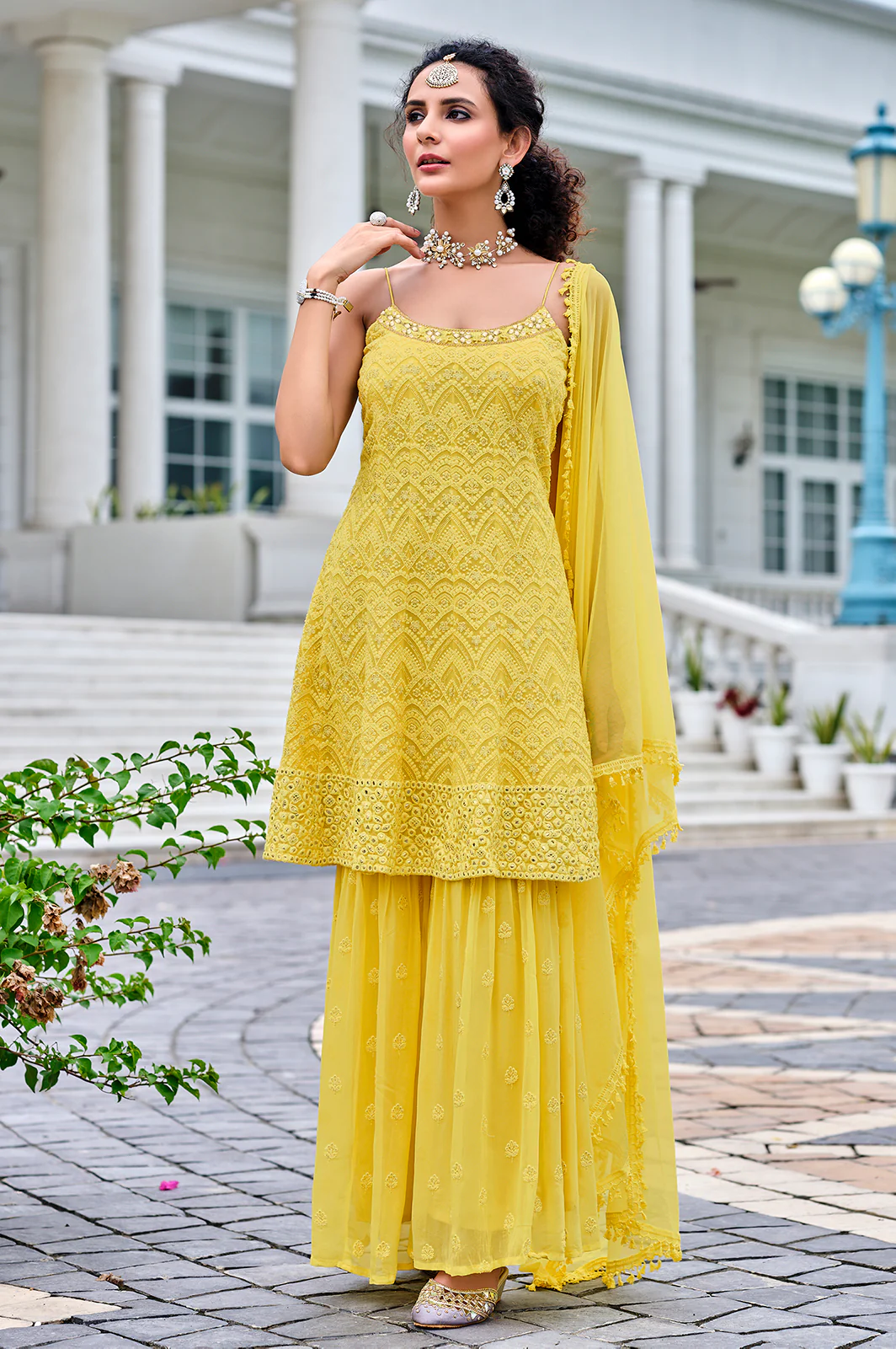 Readymade Bright Yellow Embroidered Viscose Georgette Suit - Image 4