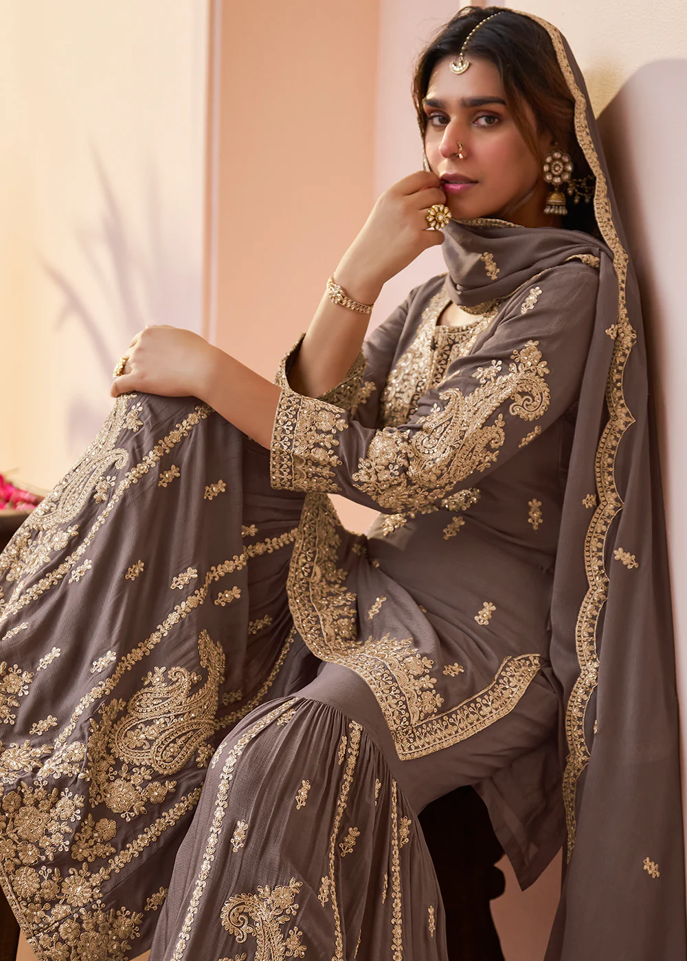 Real Chinnon Dusty Grey Embroidered Festive Gharara Suit - Image 2