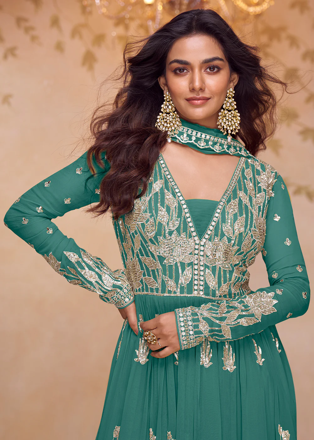 Real Chinnon Festive Style Green Palazzo Style Suit - Image 2