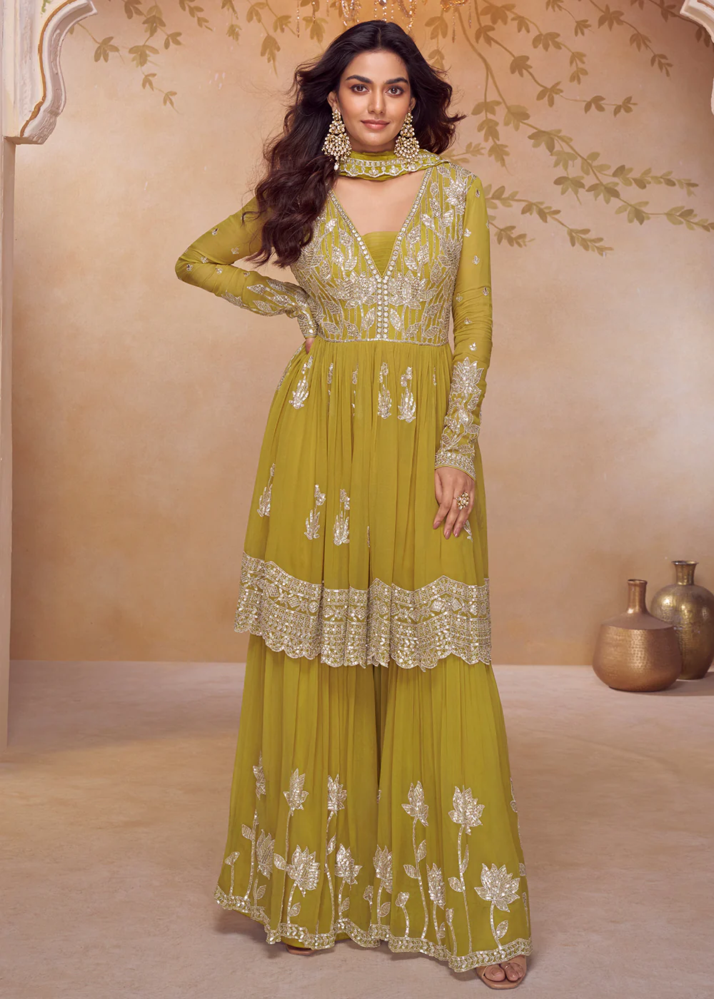 Real Chinnon Festive Style Mustard Palazzo Style Suit