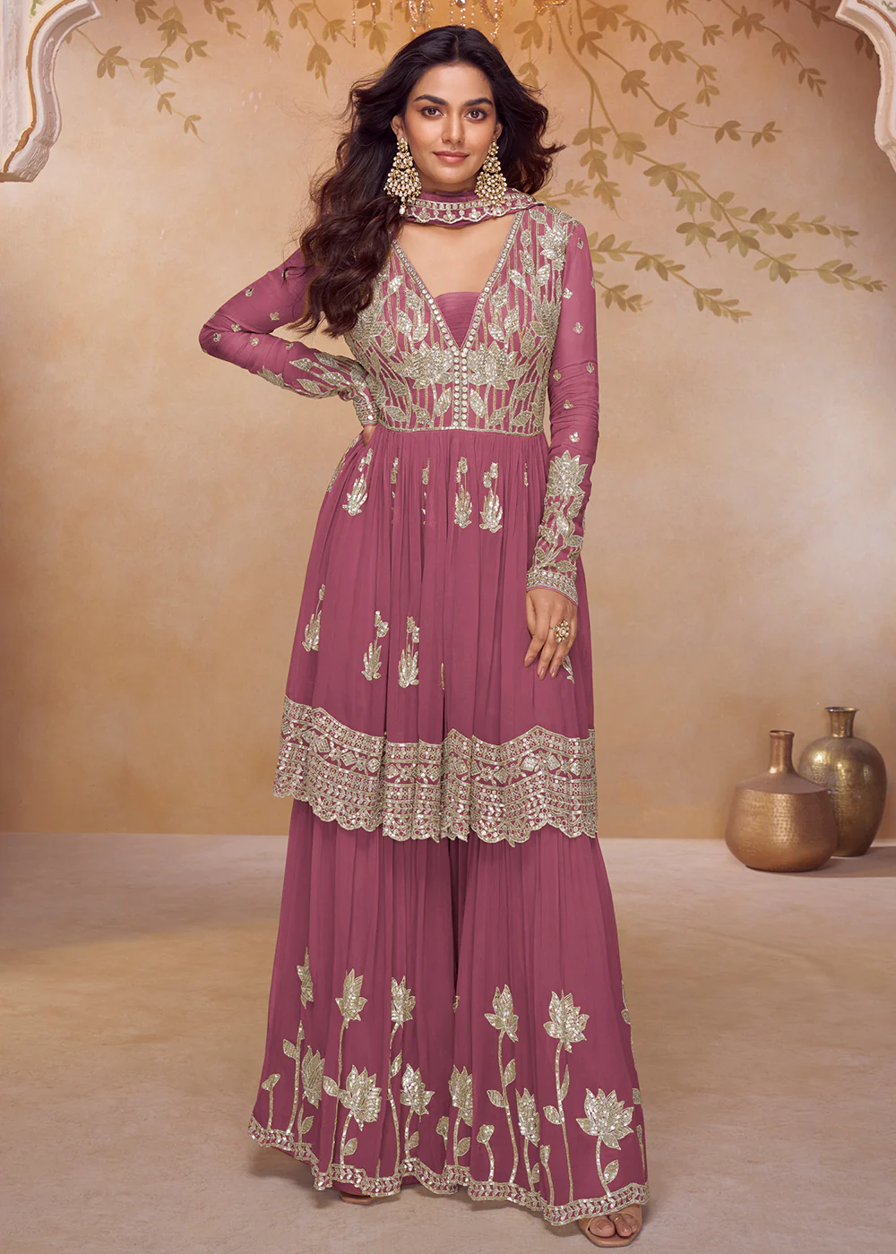 Real Chinnon Festive Style Pink Palazzo Style Suit