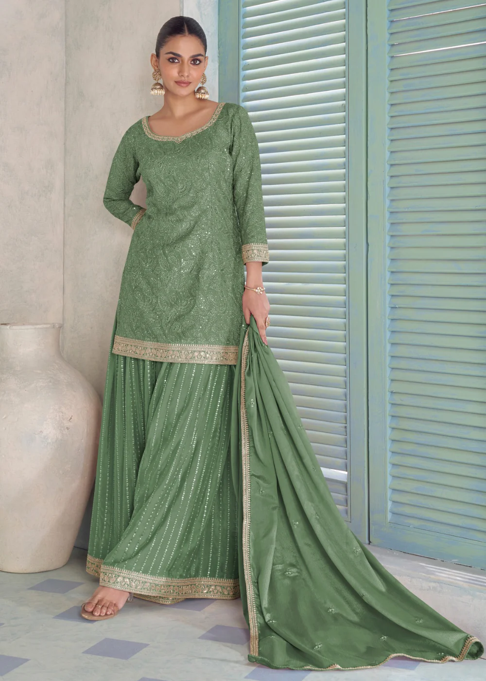 Real Chinnon Green Color Embroidered Palazzo Suit