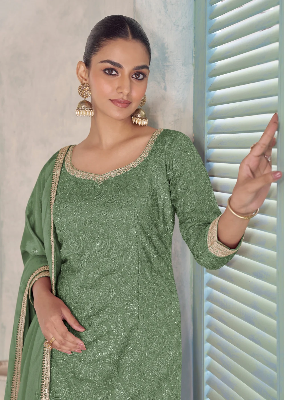 Real Chinnon Green Color Embroidered Palazzo Suit - Image 2
