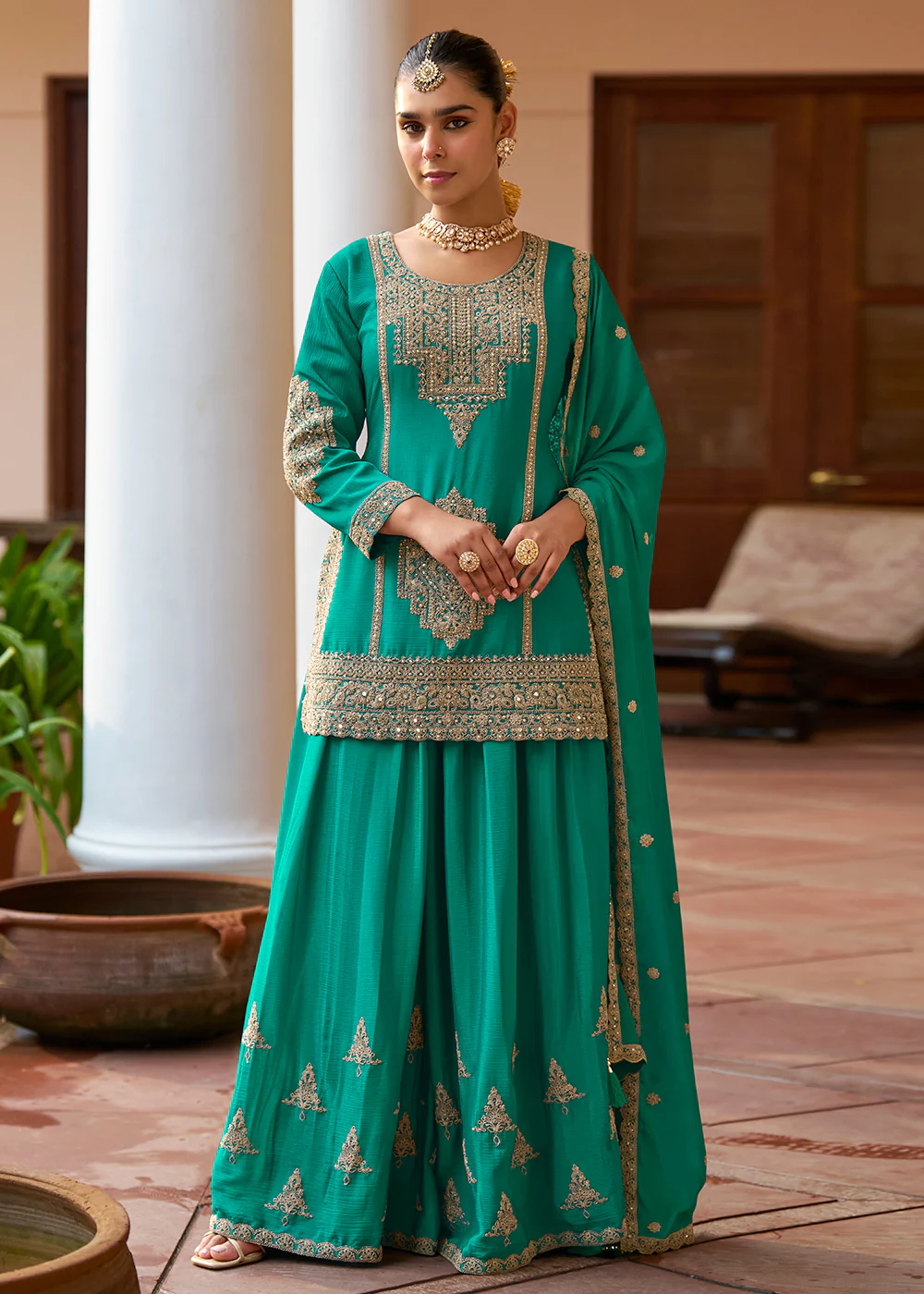Real Chinnon Material Rama Green Festive Palazzo Suit