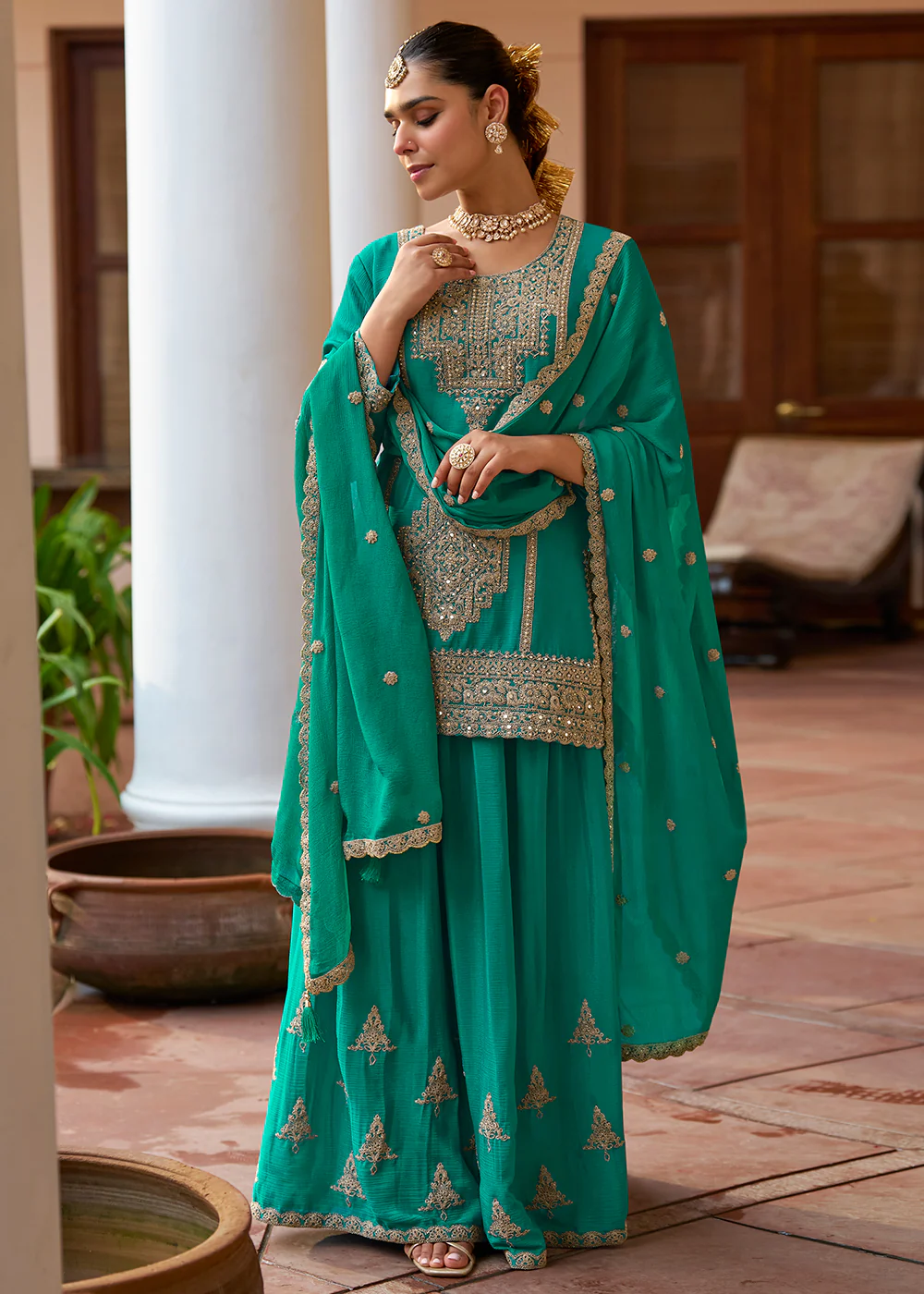 Real Chinnon Material Rama Green Festive Palazzo Suit - Image 3
