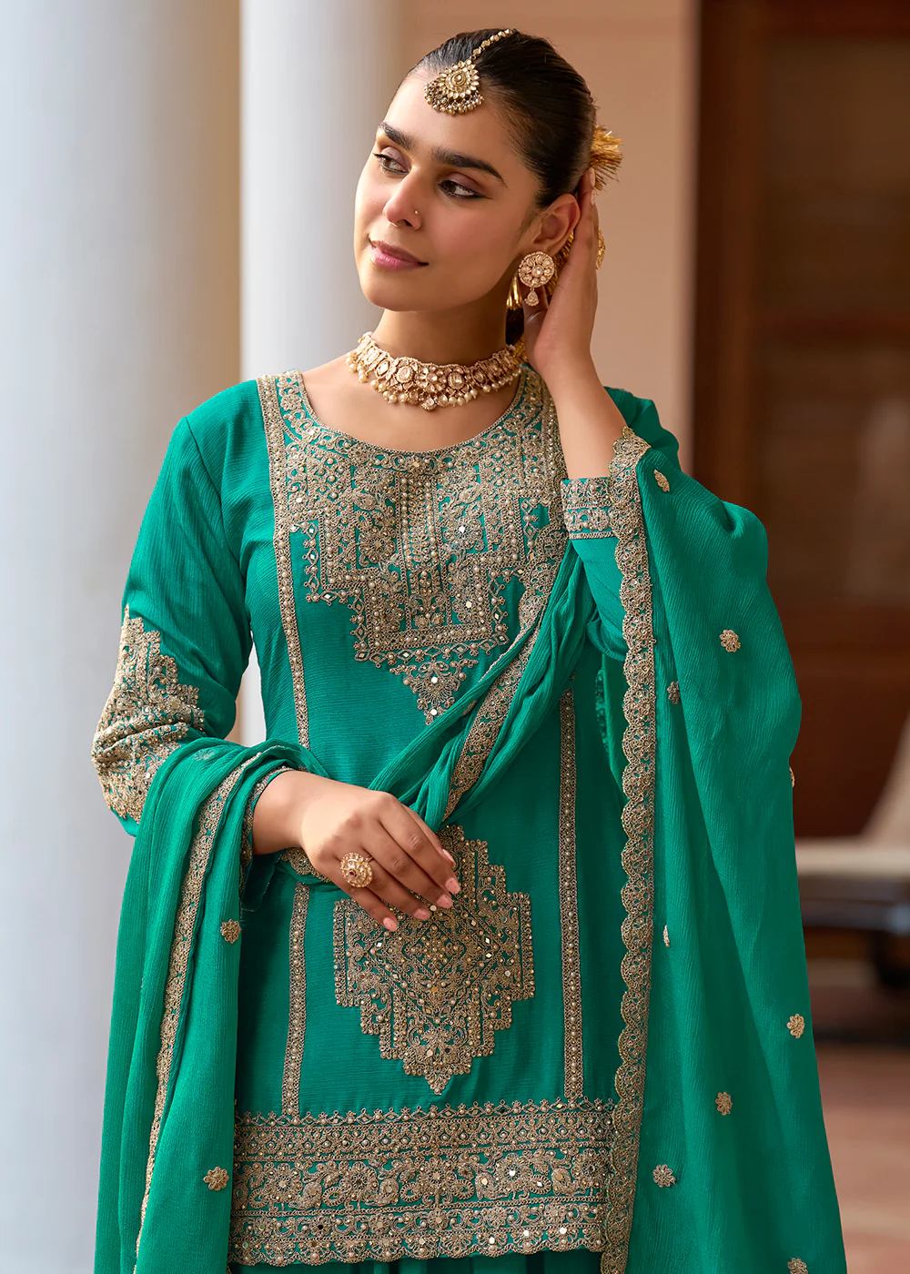Real Chinnon Material Rama Green Festive Palazzo Suit - Image 4