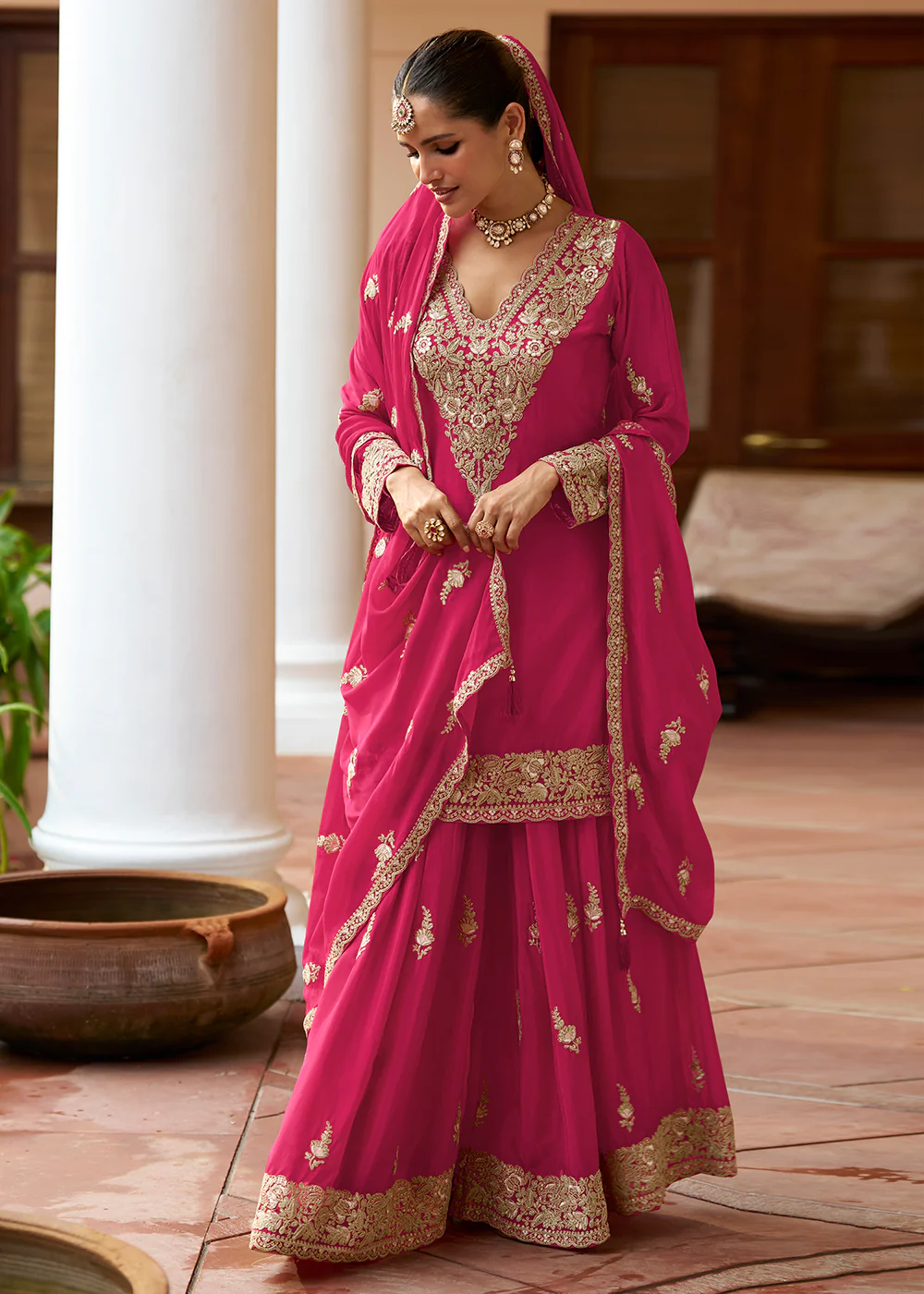 Real Chinnon Material Rani Pink Festive Palazzo Suit