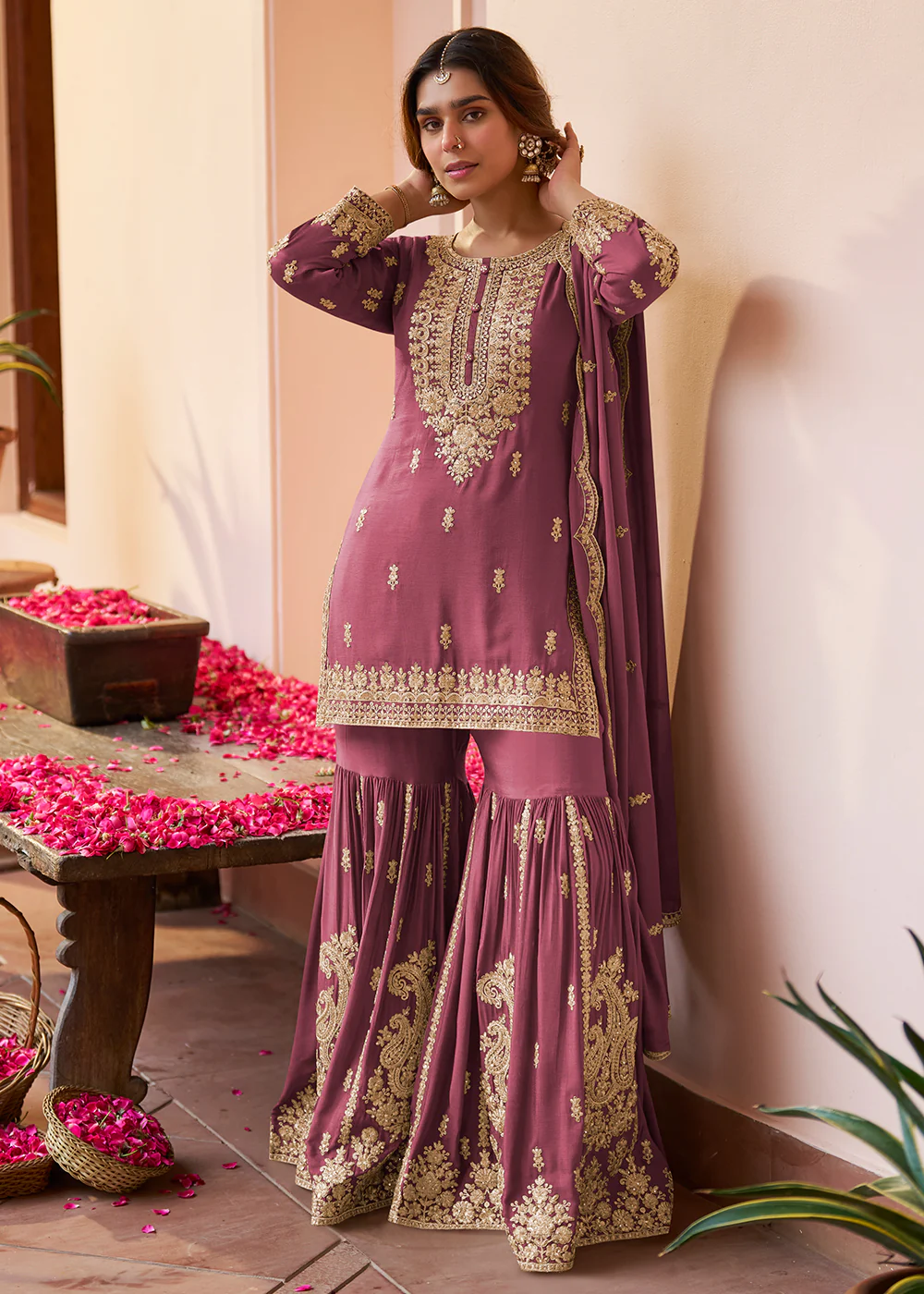 Real Chinnon Onion Pink Embroidered Festive Gharara Suit
