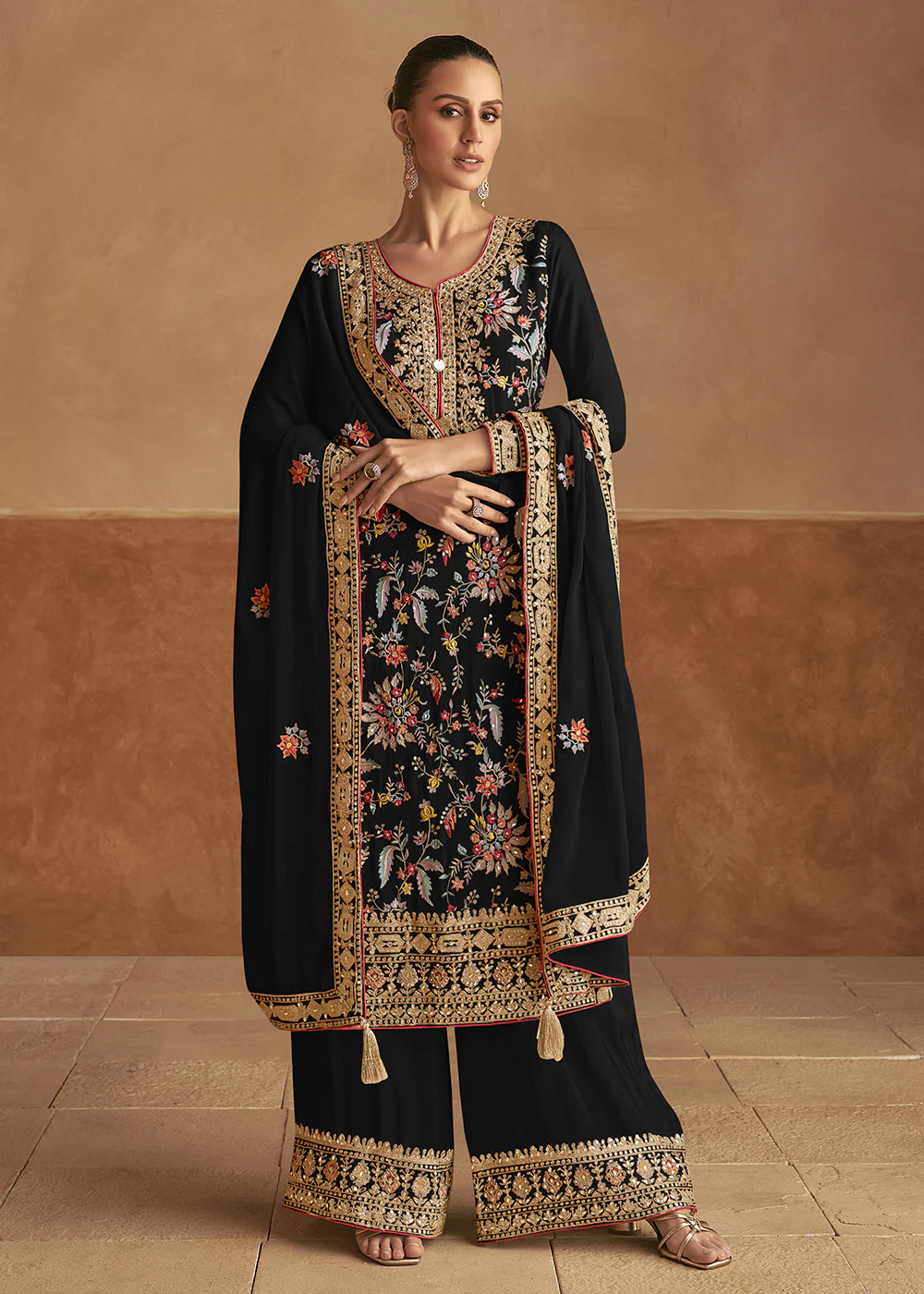 Real Chinnon Silk Black Embellished Festive Palazzo Suit