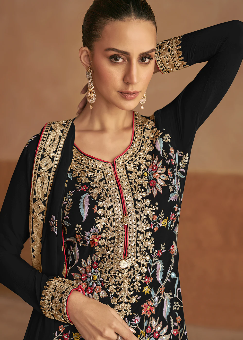 Real Chinnon Silk Black Embellished Festive Palazzo Suit - Image 2