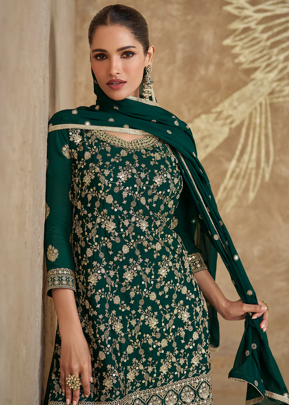 Real Chinnon Silk Bottle Green Embroidered Sharara Suit - Image 2
