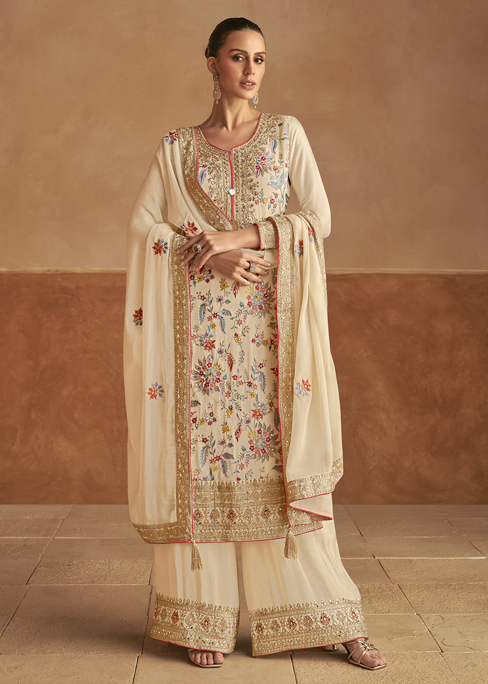 Real Chinnon Silk Cream Embellished Festive Palazzo Suit