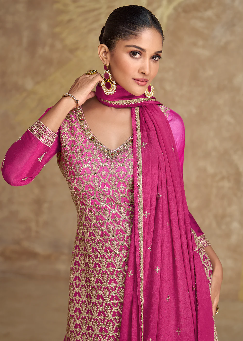 Real Chinnon Silk Rani Pink Embroidered Sharara Suit - Image 2
