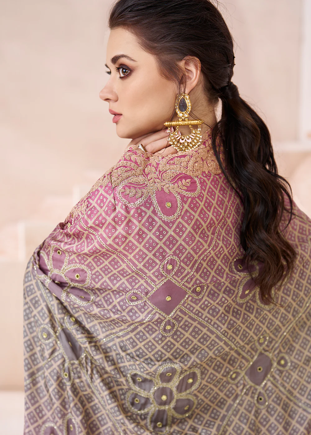 Real Georgette Beige & Grey Indo Western Palazzo Suit - Image 3