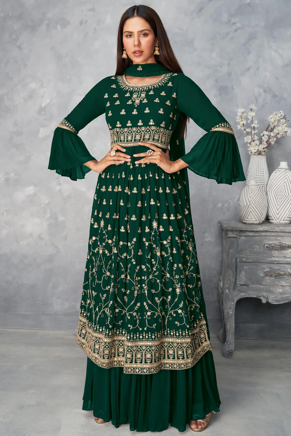 Real Georgette Bottle Green Peplum Sharara Suit