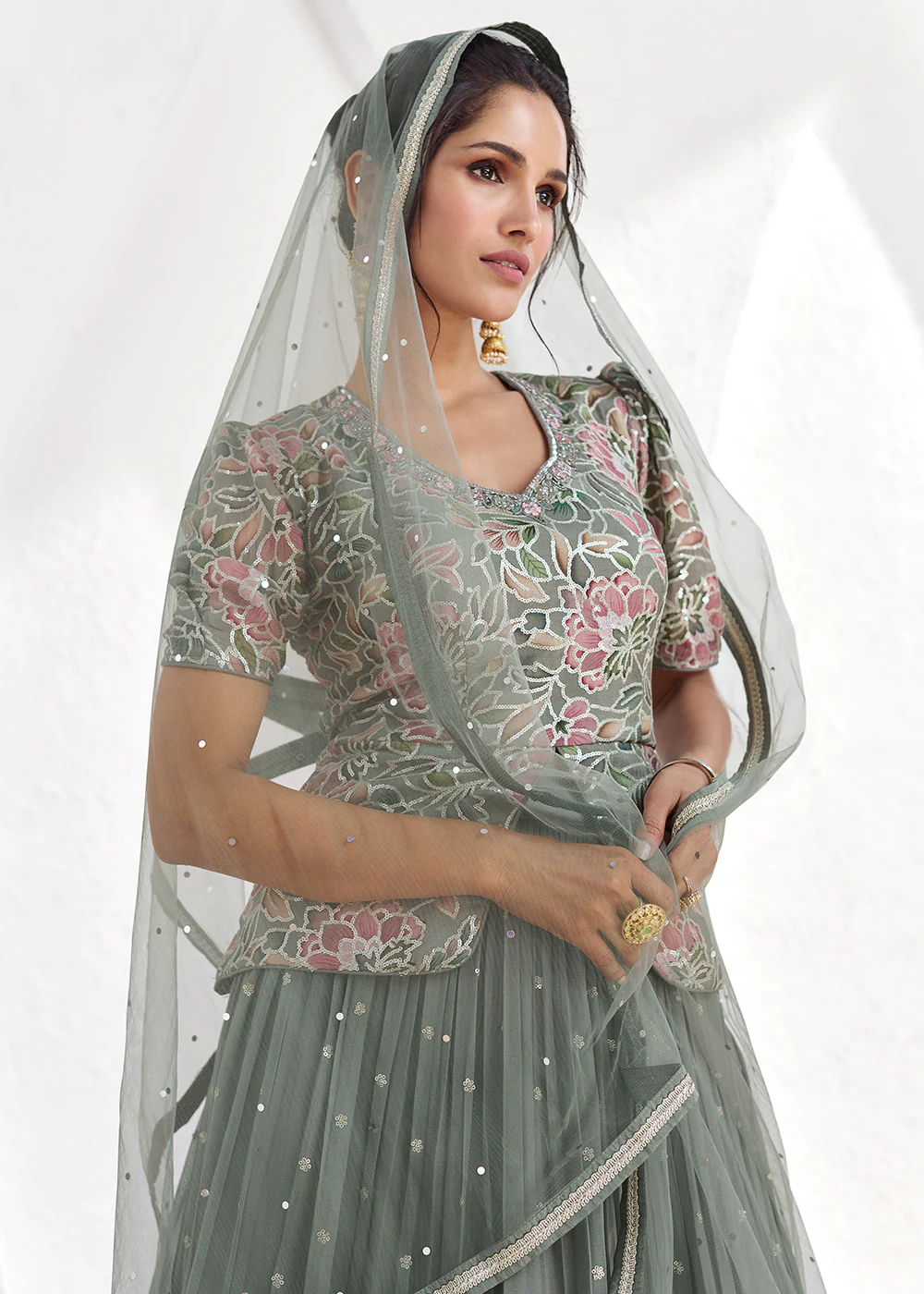 Real Georgette Green Embroidered Kurti Style Lehenga Suit - Image 2