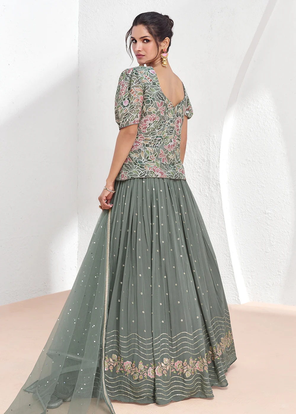 Real Georgette Green Embroidered Kurti Style Lehenga Suit - Image 3