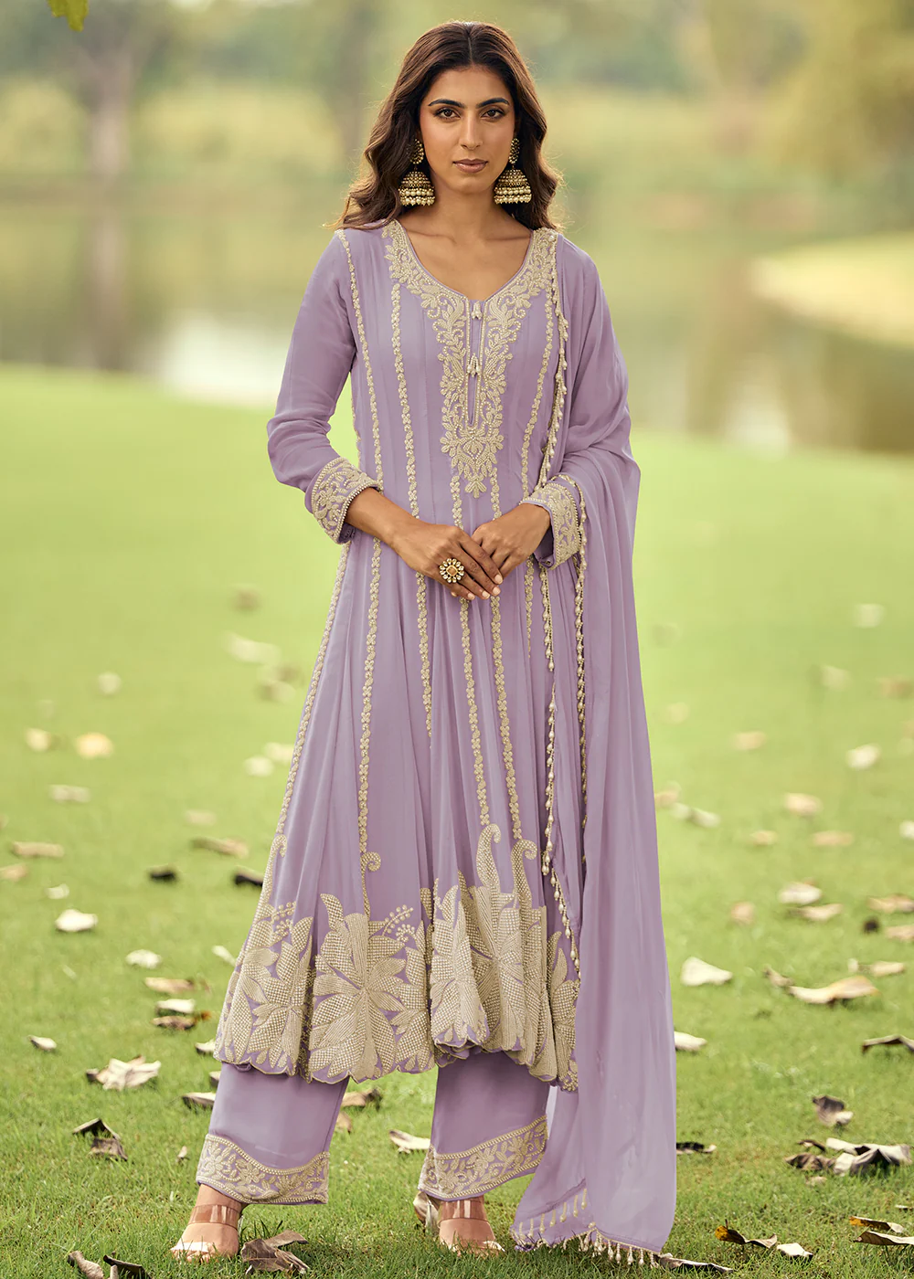 Real Georgette Lavender Anakali Style Pant Suit