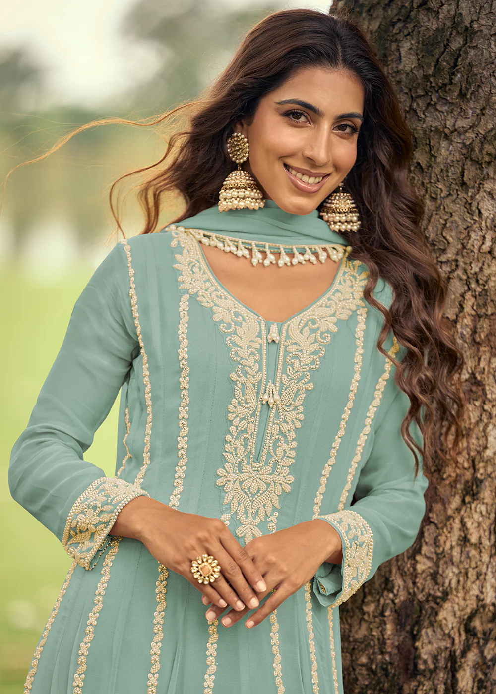 Real Georgette Light Blue Anakali Style Pant Suit - Image 2