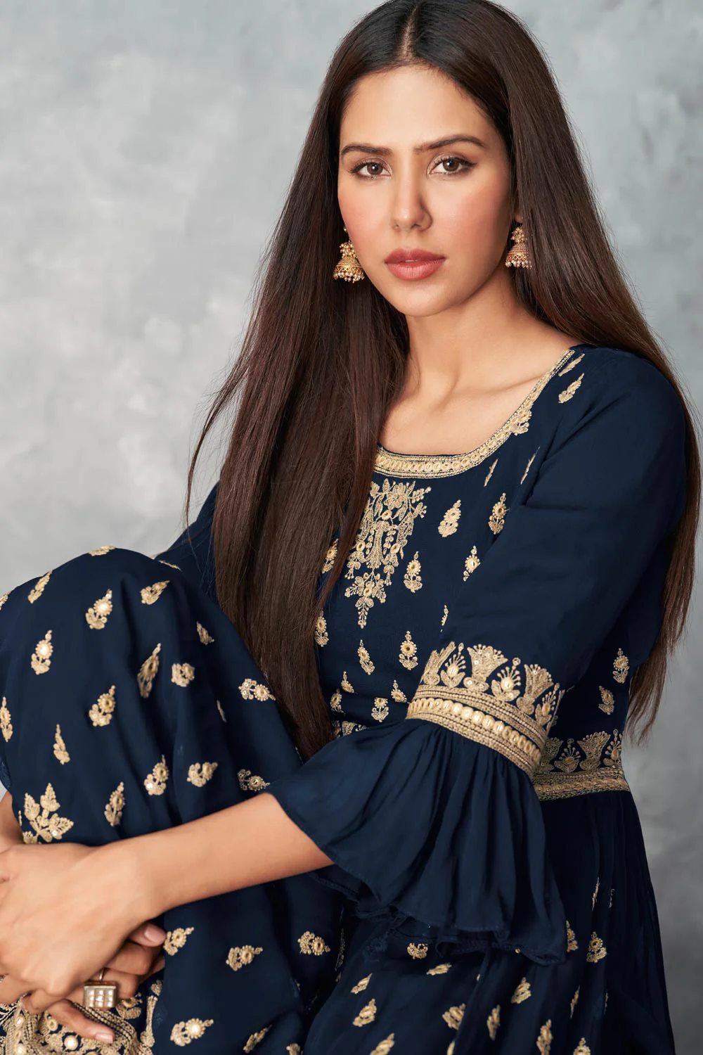 Real Georgette Navy Blue Peplum Sharara Suit - Image 2