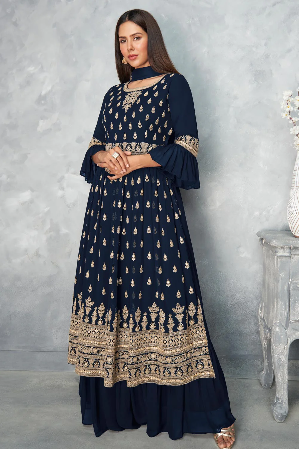 Real Georgette Navy Blue Peplum Sharara Suit - Image 4