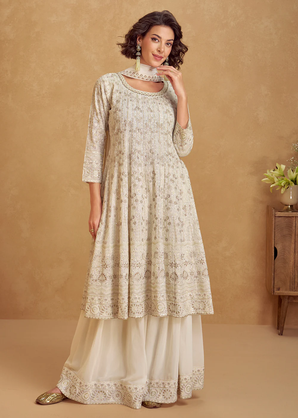 Real Georgette Pearl White Eid Style Palazzo Suit
