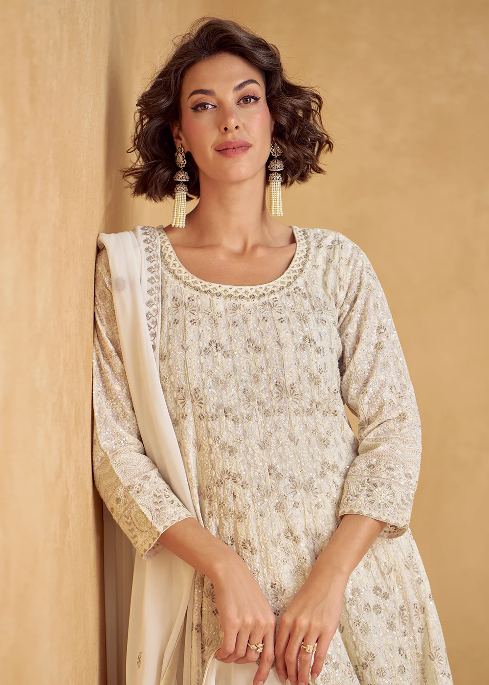 Real Georgette Pearl White Eid Style Palazzo Suit - Image 2